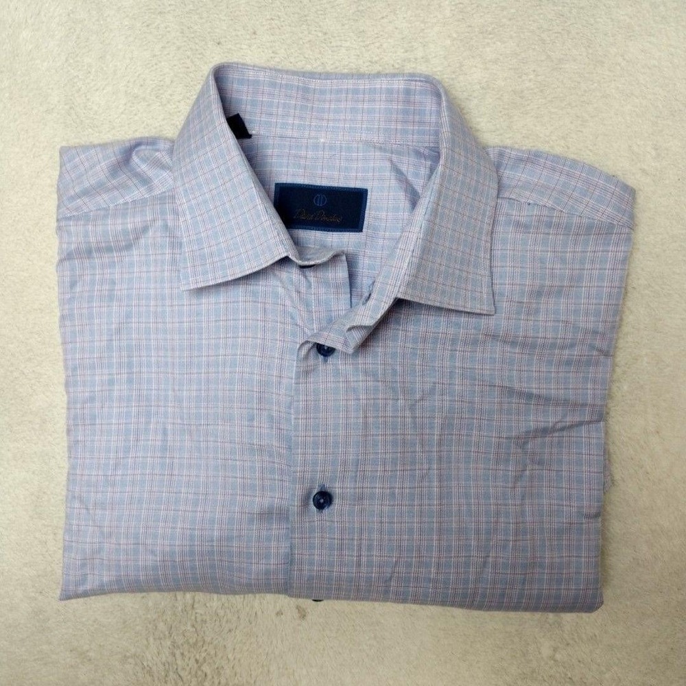 David‎ Donahue Shirt Mens 16.5 32/33 Blue Plaid Spread Collar 100% Cotton Dress